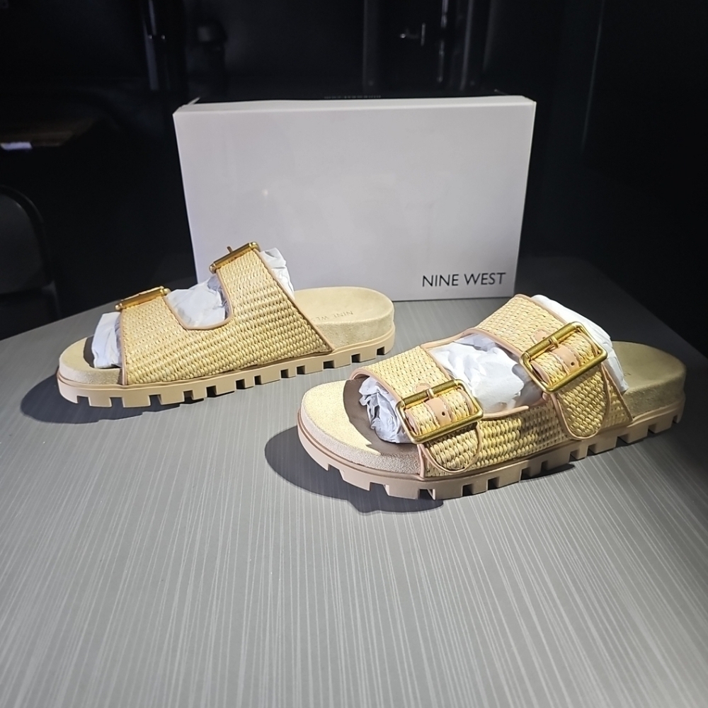 Nine West TIMMAP2 Light Natural Woven Double Buckle Slide Sandals Women's 9M NEW